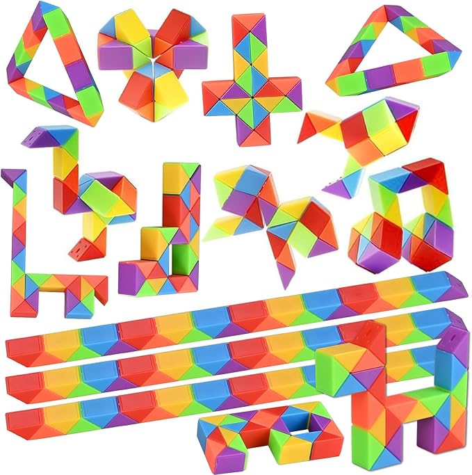 GOLDGE 24 Pack Mini Fidget Snake Cube Puzzle Toys - Party Favors & Goodie Bag Fillers for Kids & Teens - Rainbow Colors - Bulk Birthday & Back to School Gifts - Stocking Stuffers