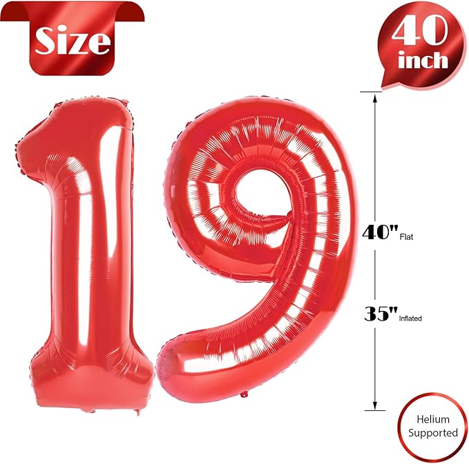 Red Number 19 Balloon 40 inch, 19 Number Balloons, 19th Red Birthday Decorations, 19 Year Old Girls Boys Party Supplies