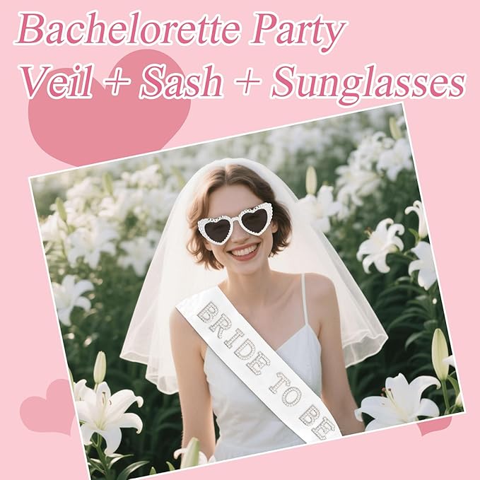 Bachelorette Party Bride to Be Decorations - 3 PCS | Pearl Sash, White Heart Sunglasses, Veil | Bridal Shower Favors, Wedding, Engagement