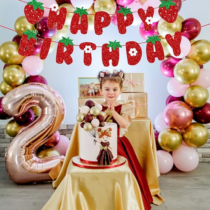 Strawberry Happy Birthday Banner, Glitter Strawberry Banner, Strawberry Theme Birthday Garland for Birthday Party Hanging Decorations