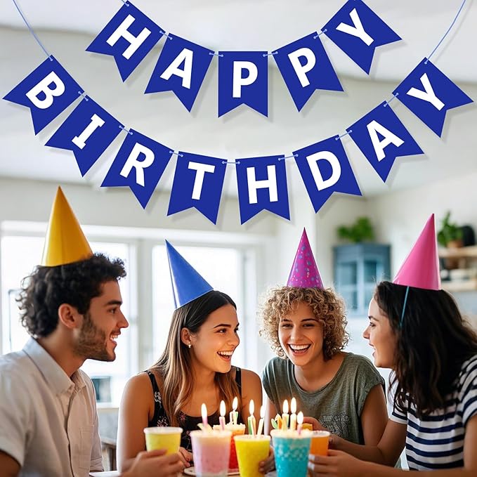 Happy Birthday Banner Sign, Birthday Garland Wall Door Hanging Banners Flag for Women Men Boys Girls Party Backdrop Decorations, Personalized Name Banner White Letters Blue