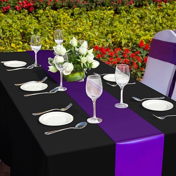 12Pack 12x108 Inch Satin Table Runner and 54x108Inch Plastic Tablecloths Set Black Purple Disposable Rectangle Table Cover for Graduation Wedding Bridal Shower Anniversary Birthday Party Decorations