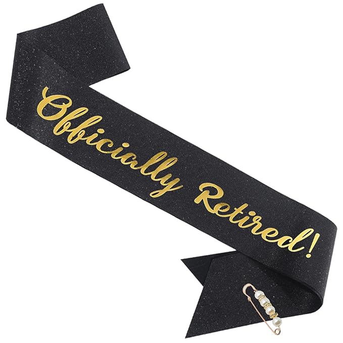 Officially Retired Elegance Sash - Retirement Sash for Both Women and Men with Pearl Safety Pin. Perfect for Retirement Parties, Events, and Thoughtful Novelty Gifts (2 Black, Large)