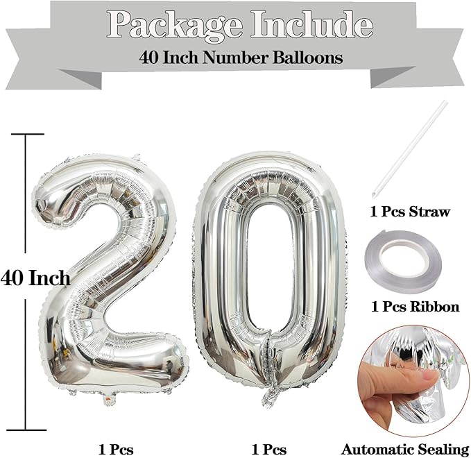 Large Silver 20 Number Balloons, 40 Inch Jumbo Number 20 Balloon, Silver Foil Mylar Balloons for Girl Sweet 20th Birthday Party, Anniversary Decorations