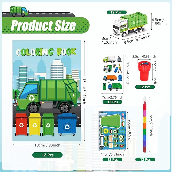 Cinrobiye 72 PCS Garbage Truck Coloring Books Party Favor Set Garbage Party Goodie Bag Fillers Truck Birthday Party Supplies DIY Scene Stickers Temporary Tattoos Prizes Art Crafts for Home School