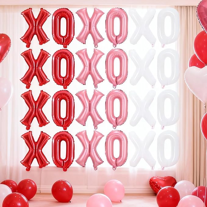 12 Pcs XO Valentines Balloons, 16 Inch Red Pink XOXO Letters Foil Mylar Balloons Banner Valentine Day Balloon Decorations for Romantic Galentines Day Bridal Shower Engagement Anniversary Party Decor