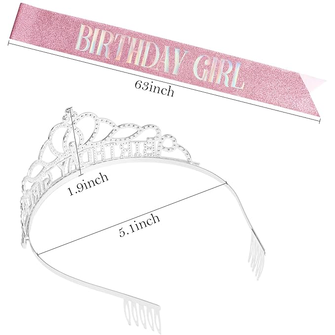 Chanaco Birthday Sash and Crown for Women, Birthday Tiara for Girls, Rhinestone Hair Accessories Party Decorations