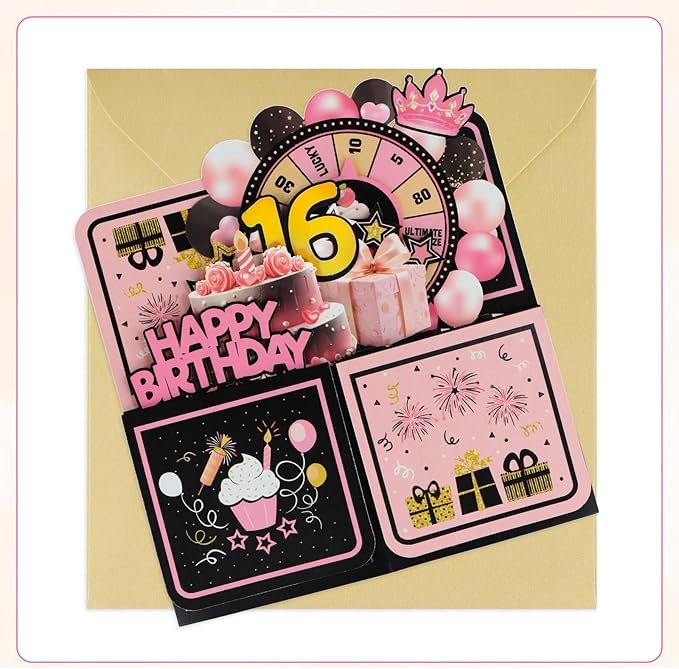 FaCraft Pop Up 16th Birthday Card - Handmade Happy Birthday Pop Up Greeting Cards Gift with Envelope and Blank Insert, Spinning Wheel Design, 16 Year Old Teens, Girls, Daughter