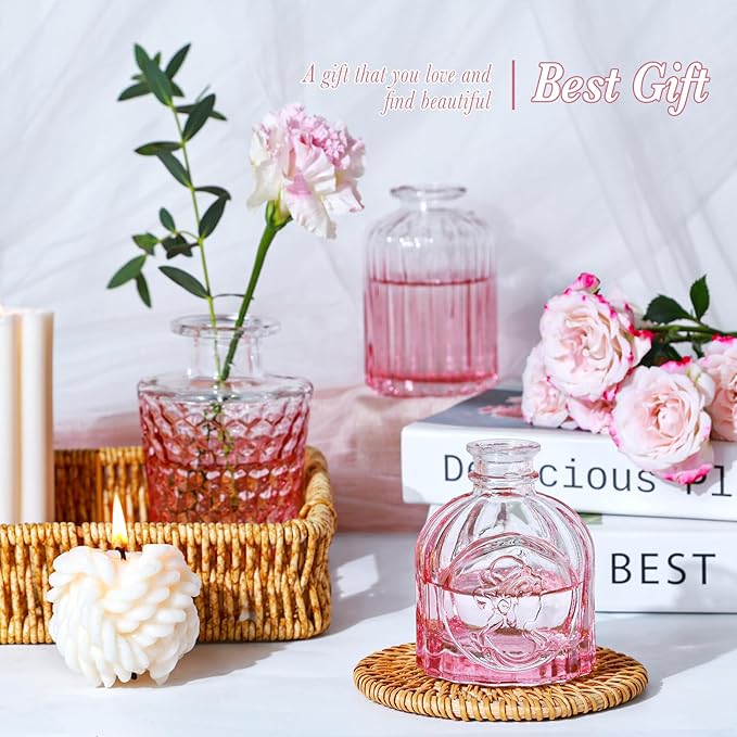 Glass Pink Bud Vases Set of 12, Mini Flower Valentine Vase for Centerpieces, Small Vases in Bulk for Wedding Decorations, Vintage Vase for Table, Home Décor