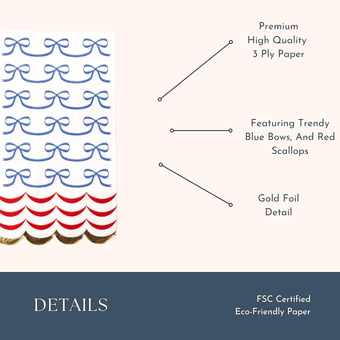 Bonjour Fête 4th of July Bow Flag Guest Towels | 3-Ply Fancy Large Napkins | Patriotic Parties & BBQs | Premium Party Table Decor | Party Supplies Decorations | Gold Foil | Pack of 20, 1/6 Folded