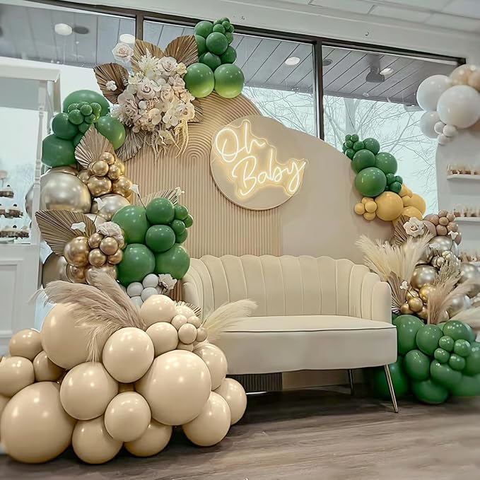 Green White Sand Balloon Arch Kit, 141Pcs Avocado Green Sand White Boho Sandy Brown and White Balloons for Baby Shower Bridal Shower Birthday Party