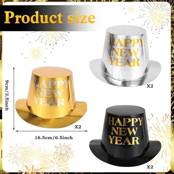 HOWAF 2026 New Year’s Eve Party Supplies, for 18 Guest, 2026 Happy New Year Party Decoration Include Cone Hats Tiaras Tassel Squawkers Glitter New Year Glasses 2026, Black and Gold Top Hats