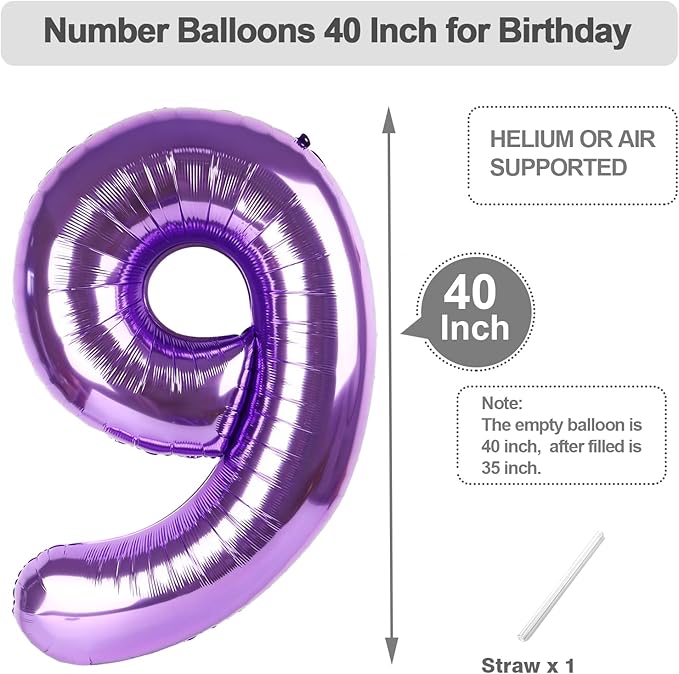 Purple 9 Birthday Balloon, Large 40 Inch Happy 9 19 29 90 Birthday for Men And Women, Foil Balloons Decoratins for Wedding Anniversary, Single, New Year, Halloween Party Syupplies