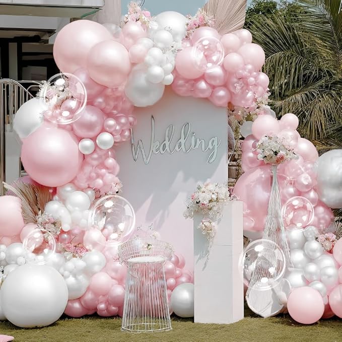 Pearl Pink White Balloon Arch Double Stuffed Pastel Light Pink White Cream Balloon Garland Kit with Bobo Balloons for Birthday Wedding Bridal Baby Shower Mother's Day Bachelorette Party Decor