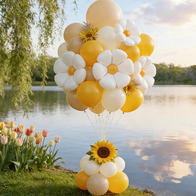 Bee Balloon Garland Arch Kit 141pcs Brown Mustard Yellow White Balloons with Flower Daisy Mylar Balloon for A Little Honey is on the Way Theme Party Decoration (Yellow White)