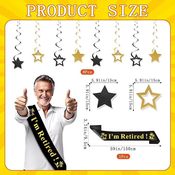 Retirement Party Decorations Black and Gold Happy Retirement Banner Gold Glitter Pennant Flag Banner Star Hanging Swirls and Sash Retired Party Supplies Office Farewell Party Decorations for Men Women