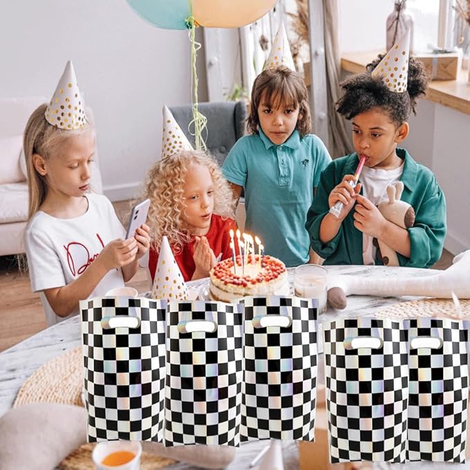OasiZephauride 30PCS Race Car Party Favors Bags,Iridescent Black and White Party Goodie bags,Checkered Gift Bags with Handles for Kids Birthday Candy Treat Bags, Car Themed Party Supplies