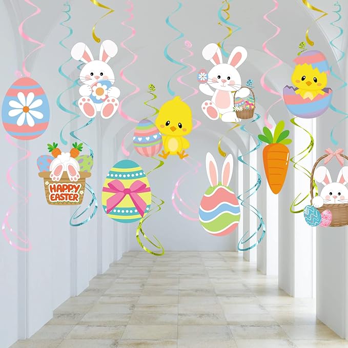 Easter Party Decorations Egg-Bunny Swirl Banner - 16pcs Easter Birthday Party Favors Supplies Gifts Hanging Decoration Streamers School Office Indoor Decor Panduola
