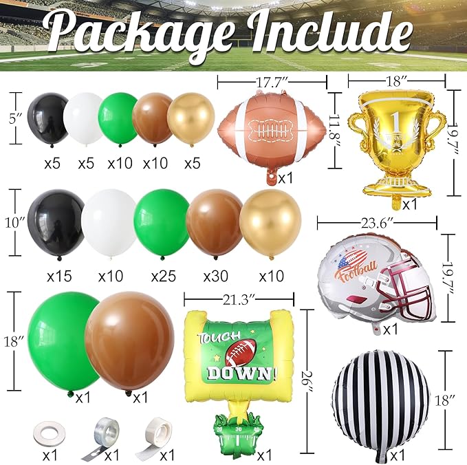 Football Balloon Arch Kit,135Pcs Green Brown Black Balloon Garland with Football,Helmet,Field Goal Post,Trophy Foil Balloons for Sports Rugby Birthday Big Game Touch Down Tailgate Party Decoration