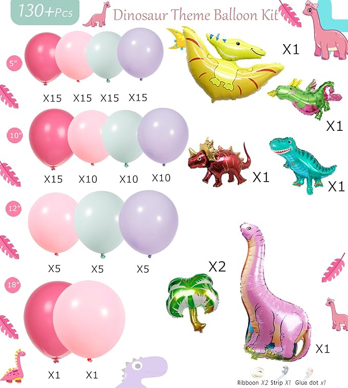 Pink Dino Balloon garland arch kit with Pastel Pink Purple Teal and Foil Dinosaur balloon for dinosaur Theme Party Decorations for Girl (Pink Purple Teal)