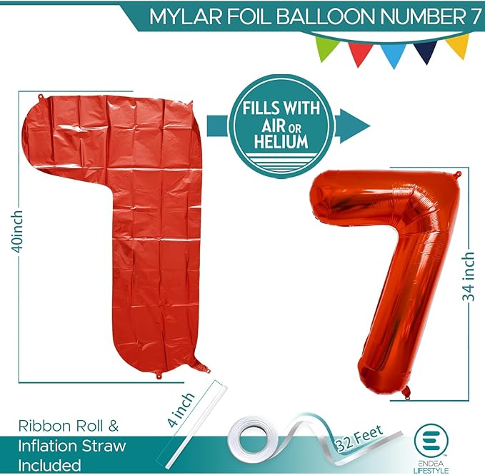 40 Inch Large Red Number Celebration and Decoration Balloon for Birthday Parties, Graduations, Anniversaries, Weddings, Photo Shoots, Special Events - Helium Foil Mylar (Red Number 7)