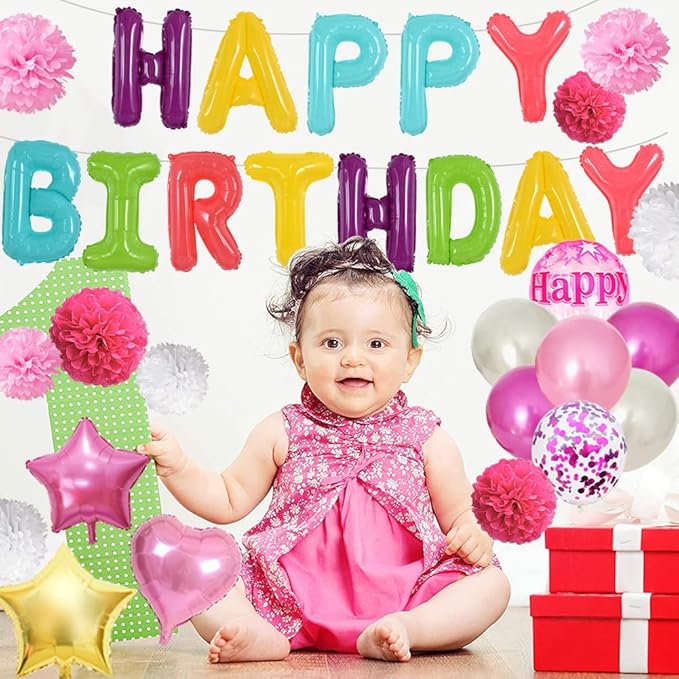 TONIFUL Coloful Macaron Rainbow Happy Birthday Balloons Banner with Ribbon Straw, 16 Inch Mylar Foil Letters Birthday Sign Bunting Reusable for Girls Boys Kids & Adults Birthday