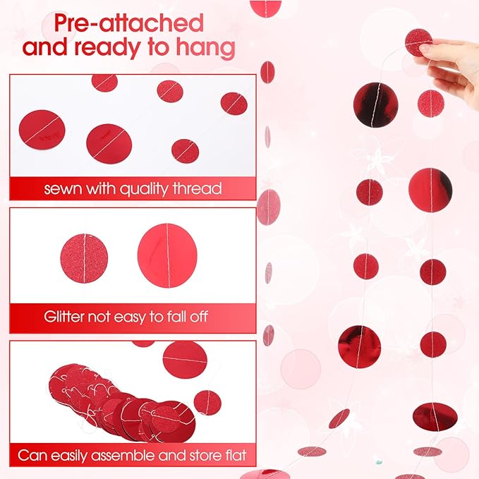 Syhood 10 Pcs Party Decorations Paper Dot Circle Garlands Glitter Streamers Hanging Banner Decor for New Year Baby Shower Wedding Birthday Backdrop Supplies (Red)