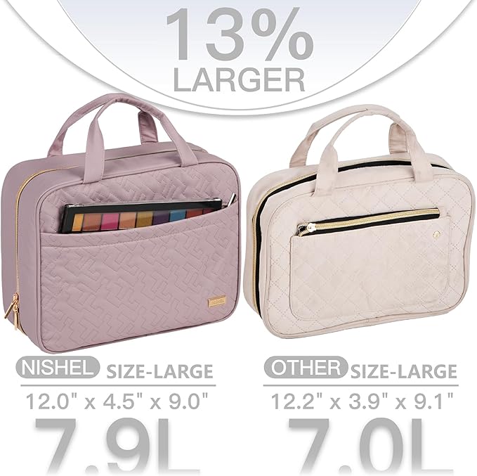 NISHEL Travel Toiletry Bag for women, Portable Hanging Organizer for Full-Sized Shampoo, Conditioner, Brushes Set, Makeup Accessories, Large Size, Peach Pink