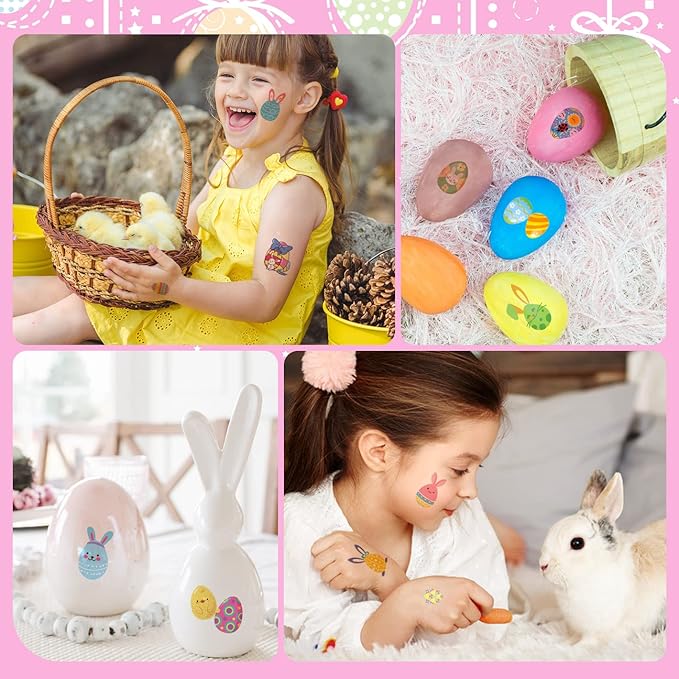 80+ Pieces Easter Egg Tattoos for Kids, 10 Sheets Easter Bunny Egg Tattoo Stickers for Easter Party Decorations Favors Supplies