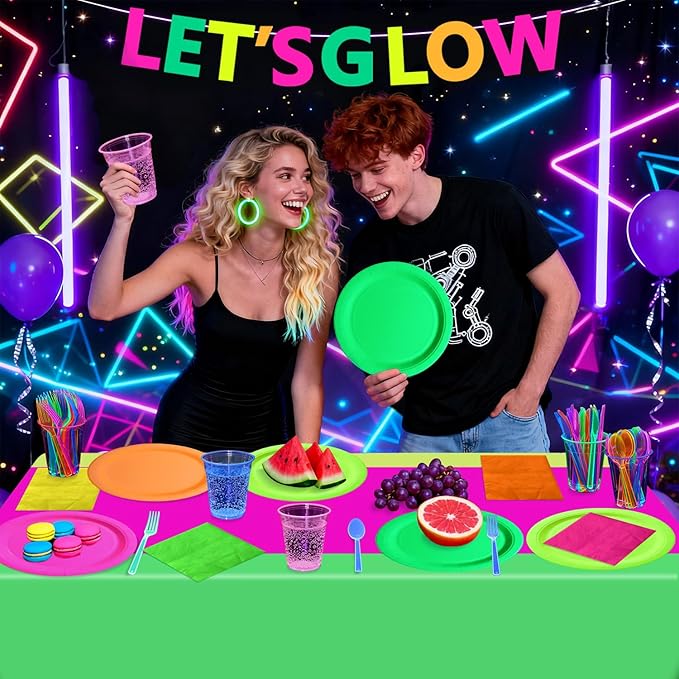 Glow in the Dark Party Supplies, Including Colorful Plates Napkins Tablecloth Banner and Dinnerware for Let's Glow Neon Party Decorations, Serves 20