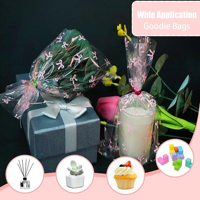 SOMIOCO Clear Cello Cellophane Treat Party Favor Bags Pink Candy Cookie Plastic gift Goodie Bags with Twist Tie for Birthday,Baby shower,Wedding,Party(Bow Pattern) 100 PCS 4X9 In