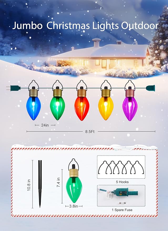 Brightown Jumbo C9 Christmas Pathway Lights Outdoor - 8.5 Feet 5 LED C9 Walkway Lights, Multicolor Bulb Holiday Pathway Light with Marker Stakes, Christmas Light Outdoor Decorations for Lawn Yard