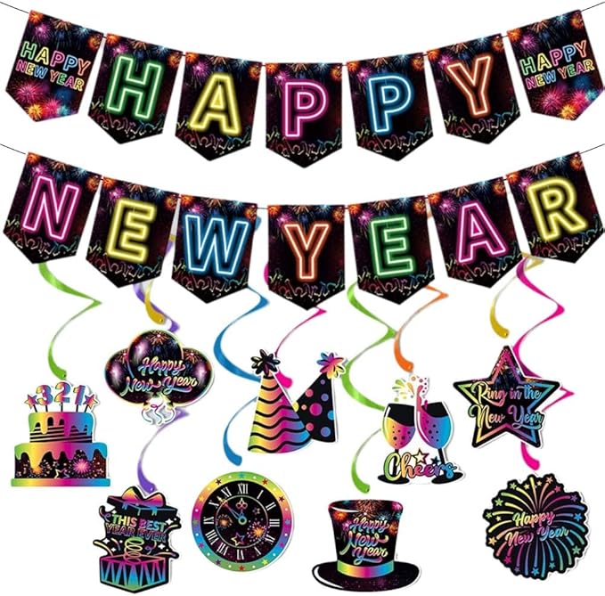 Happy New Year Decorations 2026 Colorful Happy New Year Banner & Ceiling Hanging Swirls Perfect for New Years Eve Party Supplies 2026