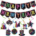 Happy New Year Decorations 2026 Colorful Happy New Year Banner & Ceiling Hanging Swirls Perfect for New Years Eve Party Supplies 2026
