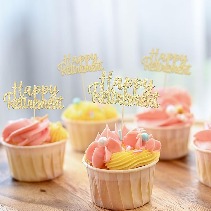 Gyufise 36 Pack Gold Glitter Happy Retirement Cupcake Toppers Retired Cupcake Picks Retirement Theme Birthday Party Cake Decorations Supplies