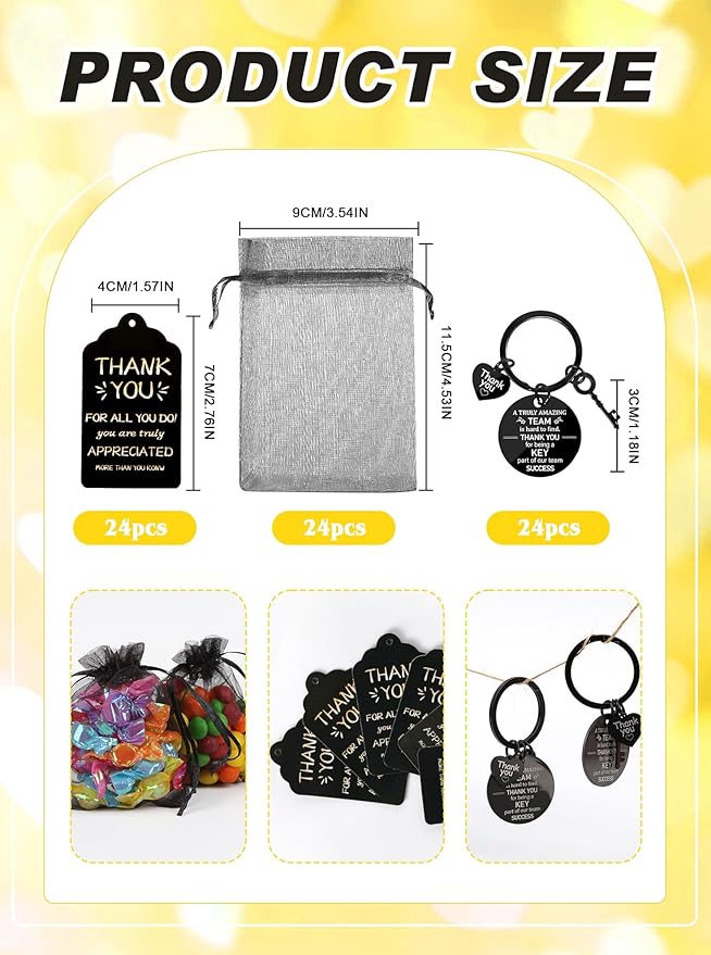 72 Pcs Employee Appreciation Gift Bulk Thank You Coworker Keychains with Organza Bags Inspirational Cards for Nurse Staff Team Customer Service Appreciation Gifts