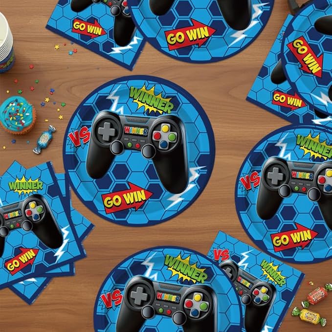 40Pcs Blue Video Game Birthday Party Plates and Napkins for 20 Guests Tableware Video Game Supplies for Kids Boys Baby Shower Birthday Party Decorations