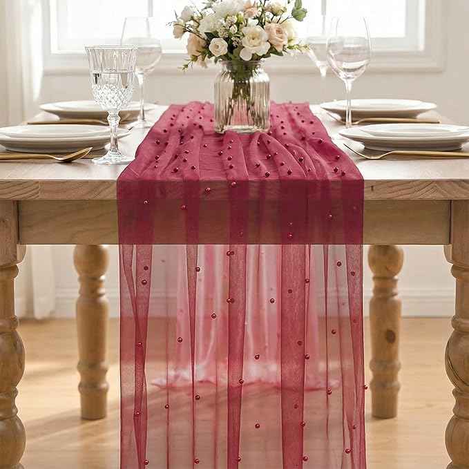 Artoid Mode Pearl Burgundy Gauze Table Runner 120 Inch 10FT, Seasonal Sheer Dining Holiday Wedding Birthday Baby Shower Table Decor for Home Party