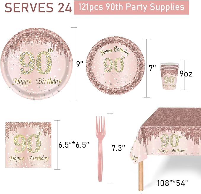 121Pcs 90th Birthday Party Supplies Plates Napkins Cups Forks Tablecloth Rose Gold Happy 90th Birthday Themed Disposable Tableware Decorations Serves 24 Guests for Women 90 Years