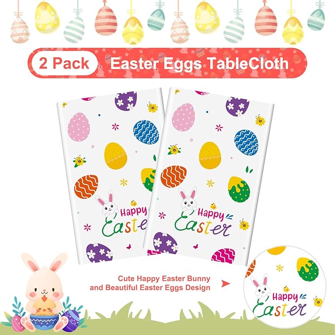 PADELO 2 Pieces Happy Easter Tablecloth, Rectangle Plastic Easter Bunny Eggs Table Cloth, Disposable Waterproof Easte Table Cover for Easte Day Tables Decorations and Party Supplies Decor, 54” x 108”