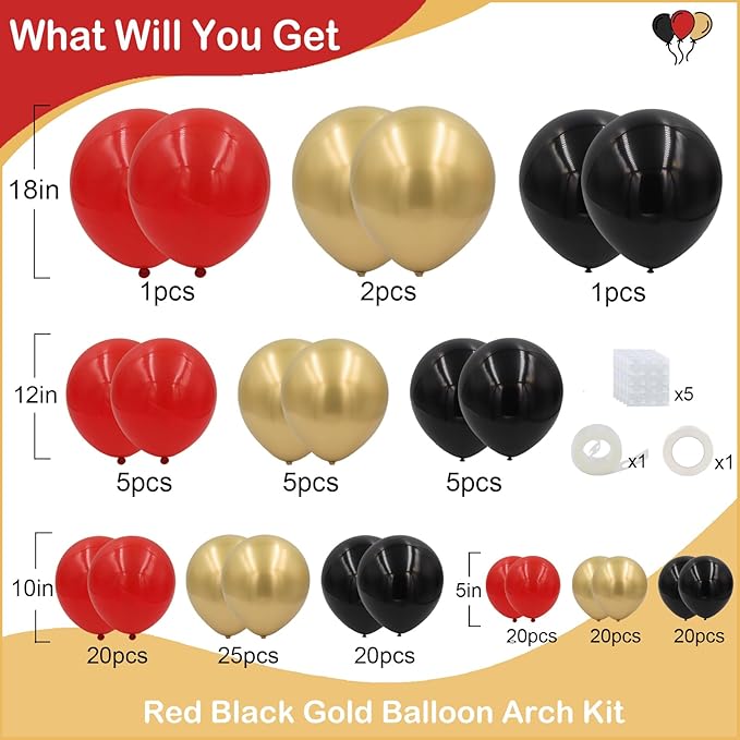 Red Black Gold Balloons Arch Kit 144pcs 18/12/10/5inch Red Black Metallic Gold Latex Balloon Garland for Casino Theme Party Wedding Backdrop New Year Birthday Graduation Hollywood Party Decorations