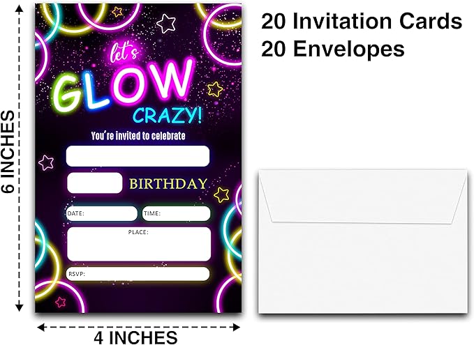 DETIHO 4" x 6" Glow Theme Birthday Party Invitation Cards With Envelopes - Let's Glow Crazy - Neon Party Invitation - 20 Sets - E22