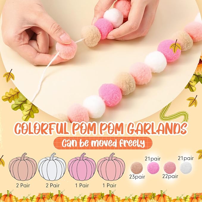 Breling 3 Pcs 10 ft Fall Felt Ball Garlands Pink Pumpkin Felt Pom Pom Banner Autumn Pumpkin Garland Decorations Festive Harvest Hanging Decorations for Fall Thanksgiving Home Wall Mantle Hanging Decor