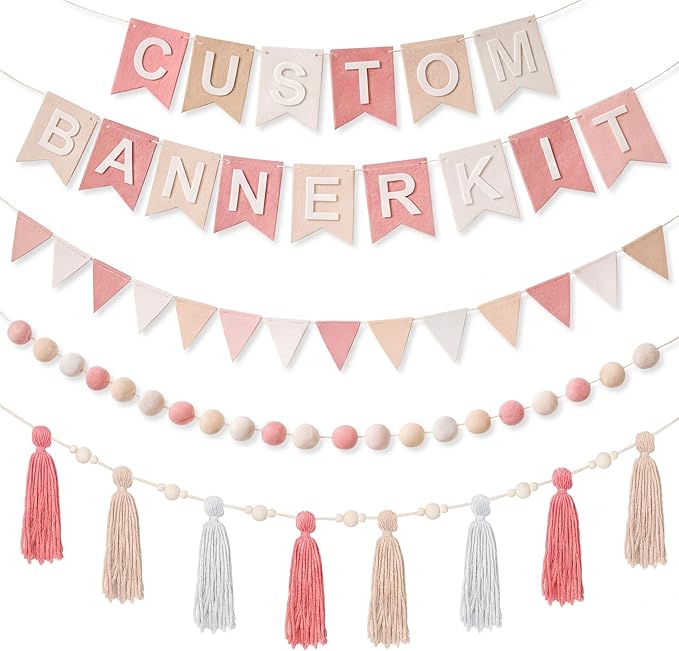 139 Pcs Felt DIY Custom Banner Kit Include 104 Letters 18 Swallowtail Flags 15 Pennants 2 Pcs Pom Pom Garland Tassel Pompom Decoration for Home Baby Shower Birthday(Baby Pink)