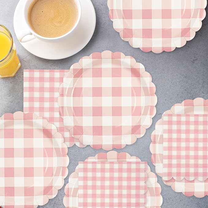50PCS Light Pink Gingham Party Supplies - 7Inch Scalloped Dessert Paper Plates and Napkins Set Disposable Plaid Dinner Party Set for Valentine's Day Baby Shower Birthday Wedding, Serve 25