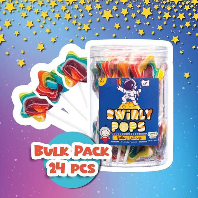 Galaxy Star Rainbow Lollipops Individually Wrapped, Bursting with Fruity Flavor, Great Swirl Lollipops for Kids Birthday Parties, Space Candy Party Favors and Cake Toppers, By 4YoreElves (Pack of 24)