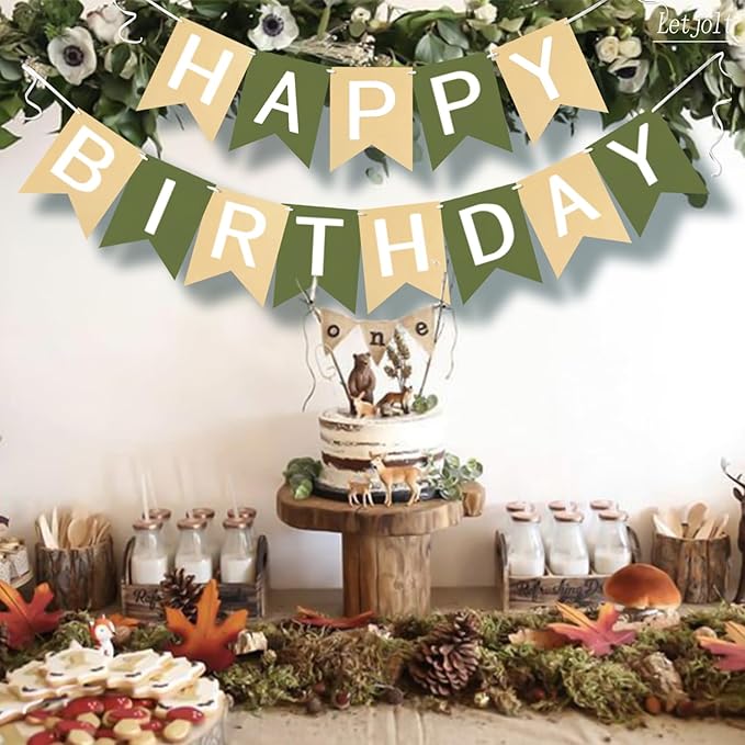 Brown Green Happy Birthday Banner Greenery Theme Party Supplies Garland Decorations Birthday Signs Nursery Hanging Decor 13pcs