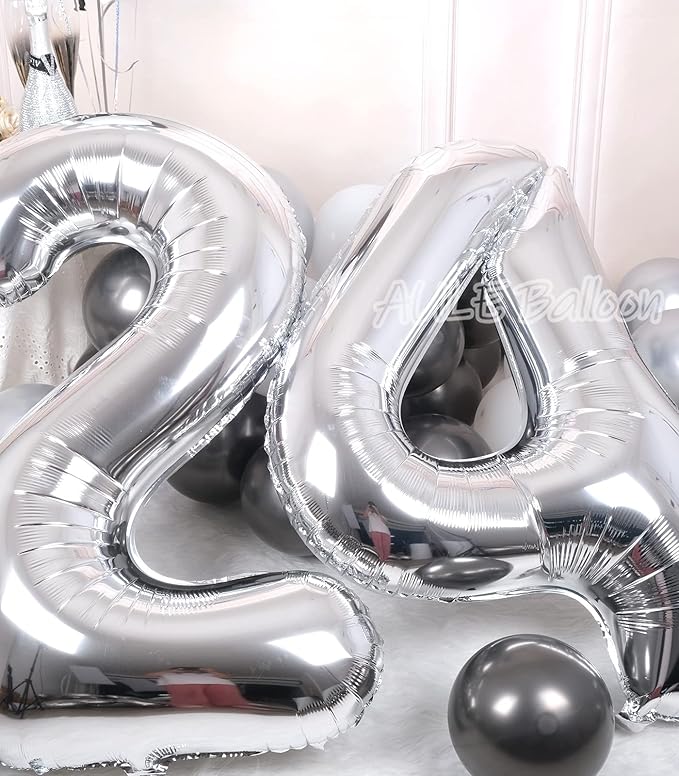 AULE 40 Inch Large 24 Balloon Numbers Silver, Big Foil Number Balloons, Giant Helium Happy 24th Birthday Party Decorations for Man and Women, Huge Mylar Anniversary Party Supplies