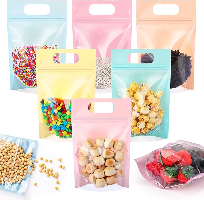 120 Pcs Plastic Gift Bag Bulk Resealable Party Goodie Bag with Clear Window Color Favor Pouch with Handle for Home Birthday Wedding Party Candy Gift Wrap Supplies(Pastel,5.5 x 8.7 Inch)