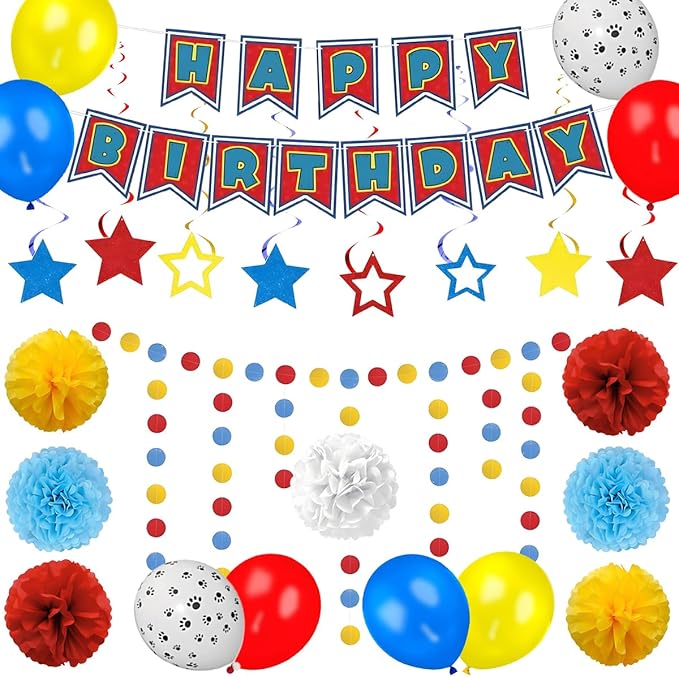 Dog Themed Party Decoration Set Includes Banners, Latex Balloons, Paper Flowers and Swirls for Pet Puppy Themed Birthday Party Supplies
